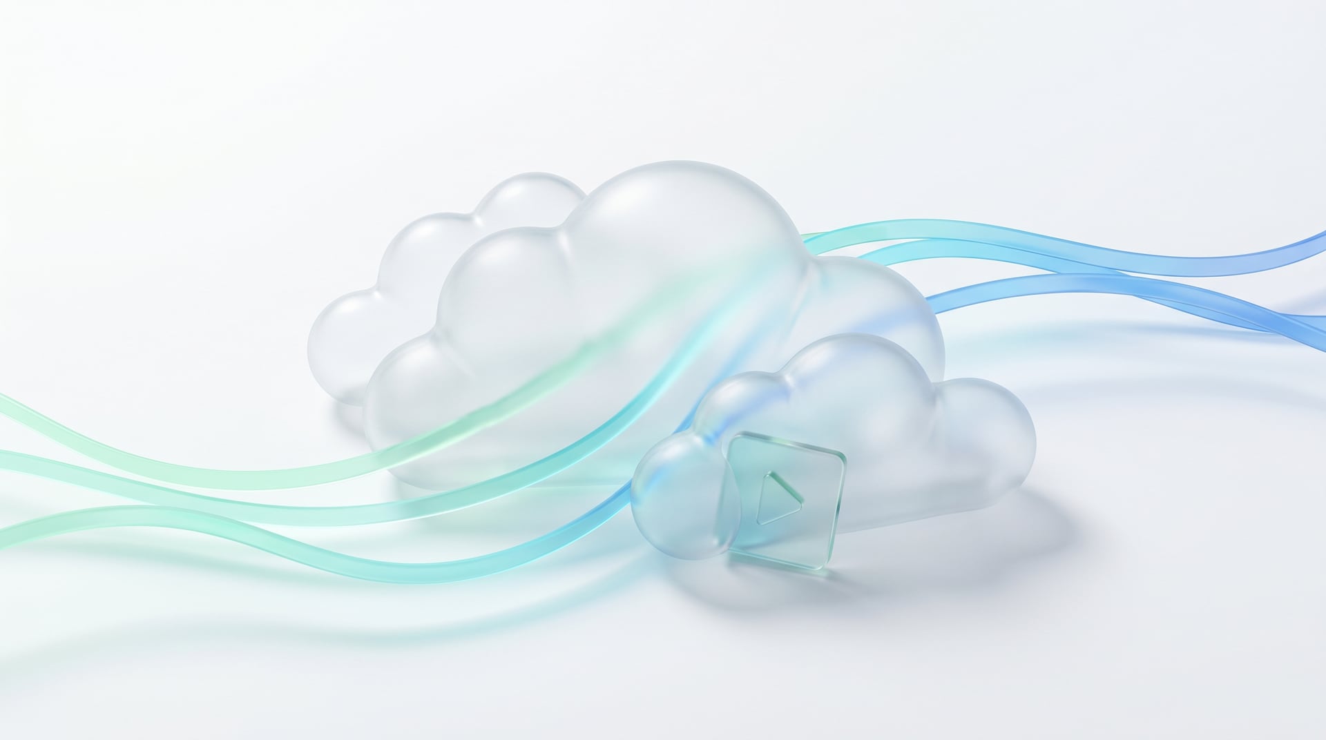 Frosted-glass cloud forms with flowing data streams and a play-button tile