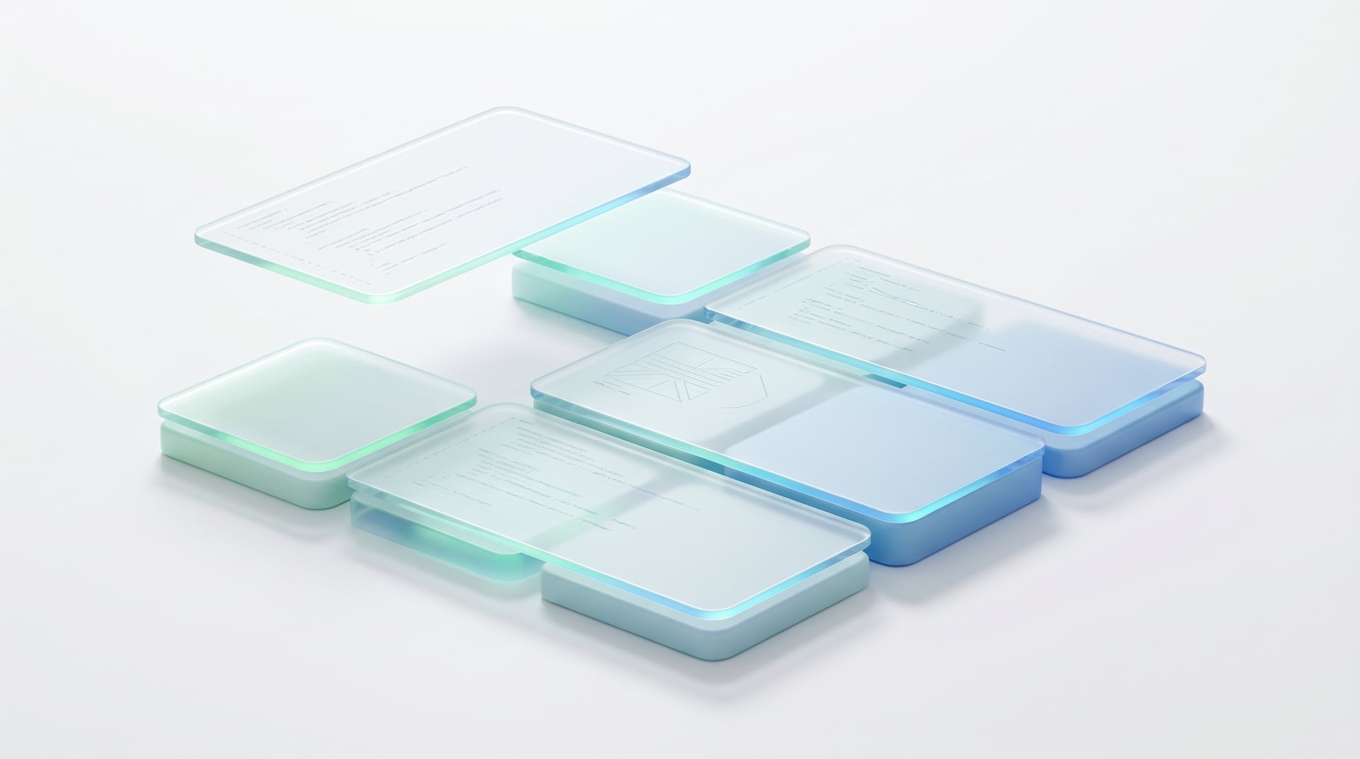Layered frosted-glass UI panels and modular blocks with subtle code traces