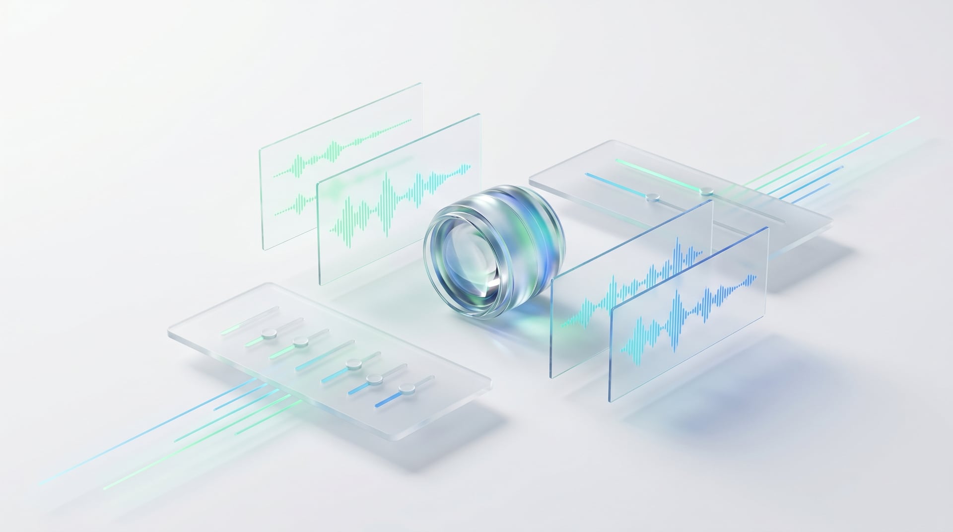 Frosted-glass broadcast control surfaces with audio waveforms and a camera lens on a white studio background
