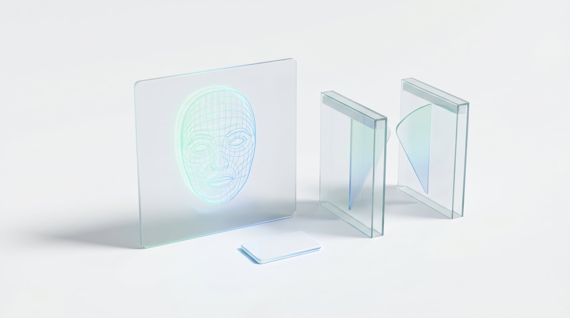 Glass panel with a biometric face-scan wireframe beside turnstile gates and an RFID card